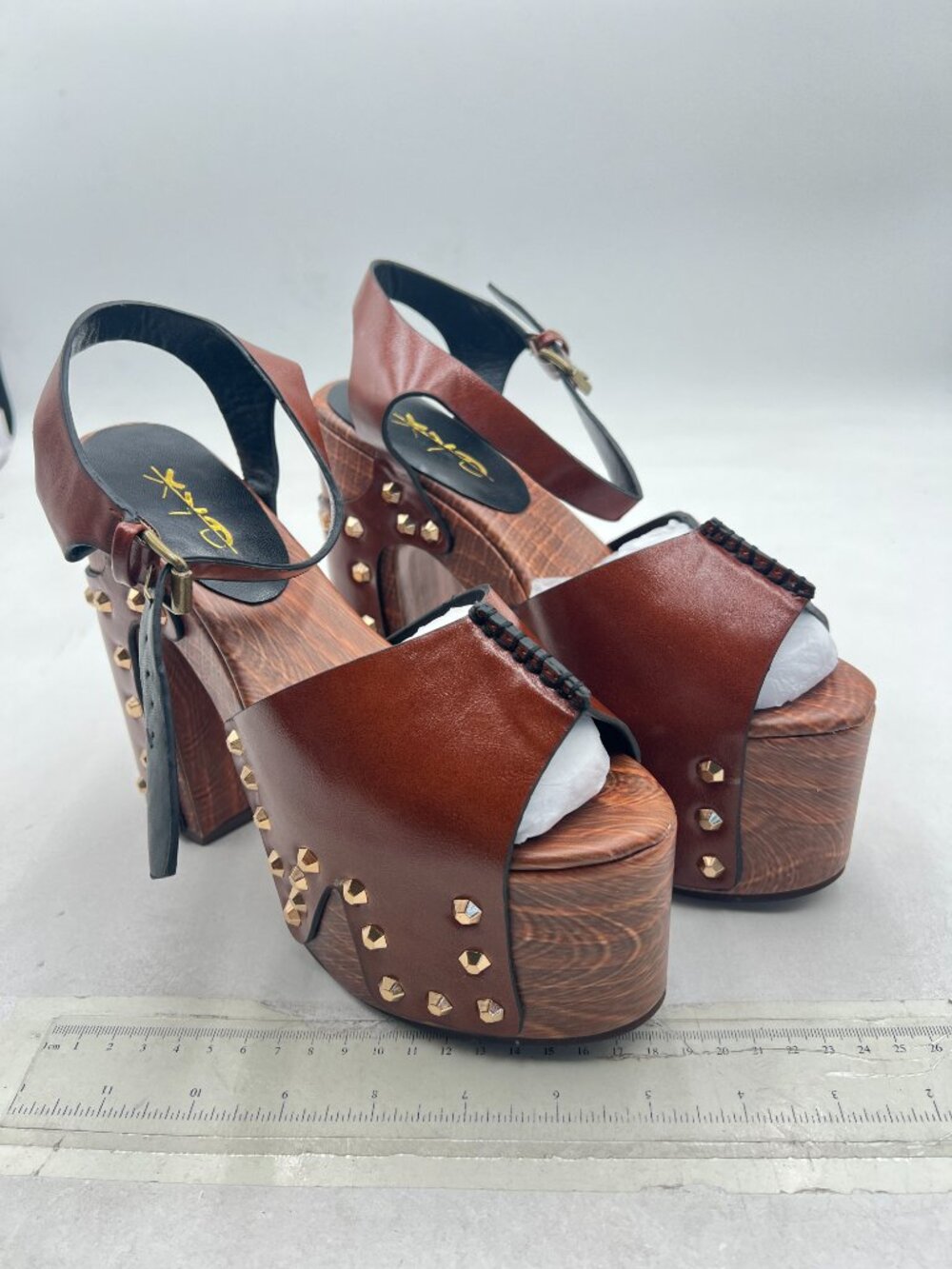 XYD Brown Wooden Block Chunky Heeled Platform Bronzed Studs Open Toe Sandals - Picture 4 of 8